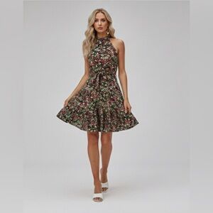 Mira Floral Print Belted Halter Dress
